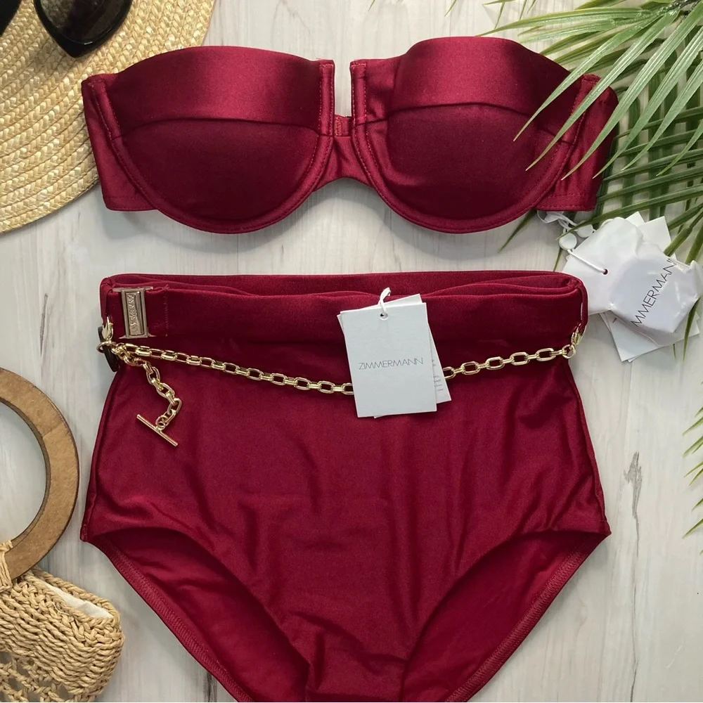 Zimmermann Ruby Red Balconnette + Chain Link High Rise Bikini Bottom Set - Picture 1 of 15